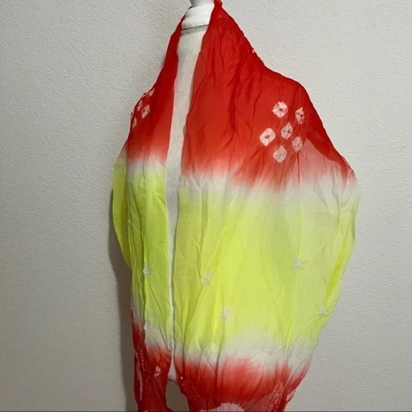 Vintage Rare One of a Kind Sheer Tie Dye Smocked Scarf Wrap Shawl Red Yellow